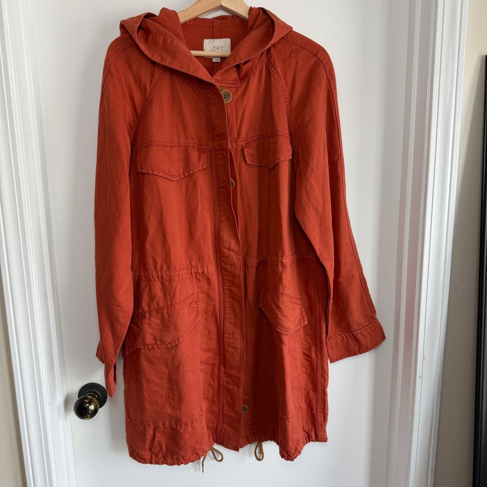 LOFT Hooded Utility Jacket Burnt Orange Linen Cotton Blend Drawstring Size L
